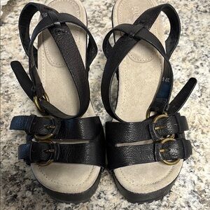 Miu Miu Black leather, stacked heel, platform sandals.Soft Beige Suede inner